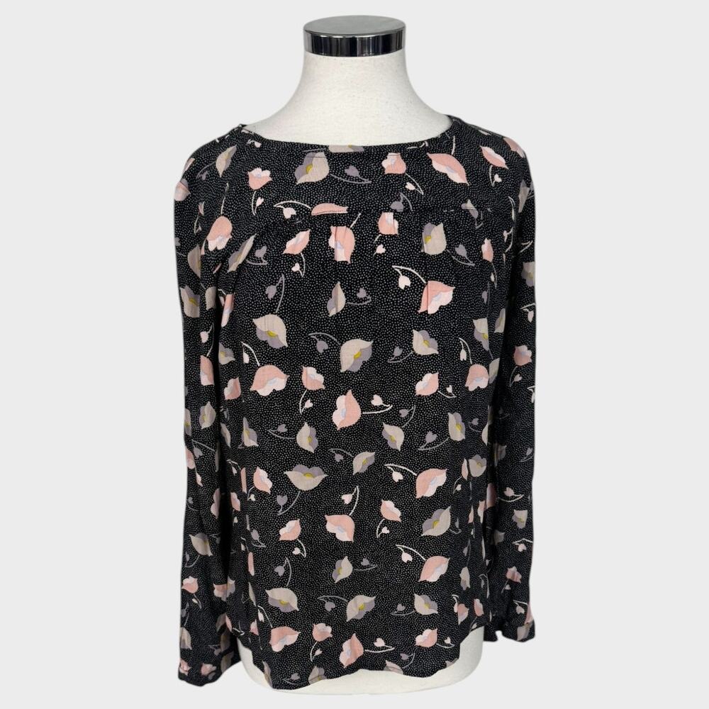 Loft Womens Black Floral Long-Sleeve Blouse